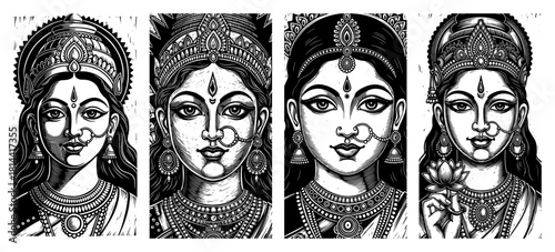 Set of four vintage woodcut style portraits of beautiful Hindu Goddess wearing traditional jewelry vector illustration