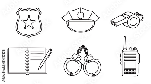 Set of six police equipment icons, including a badge, hat, whistle, notebook, handcuffs, and walkie-talkie, drawn in a simple black line art style