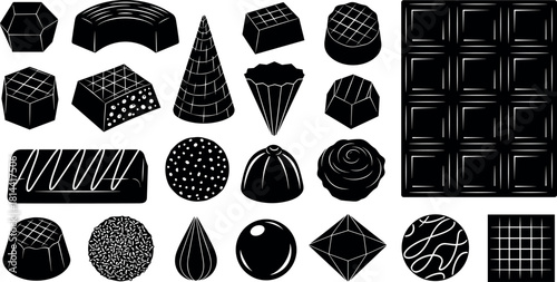 Gourmet Chocolate Candy Silhouettes Vector Set, Featuring Bar, Truffles, Pralines, and Bonbons, Sweet Dessert and Confectionery Icons Collection.