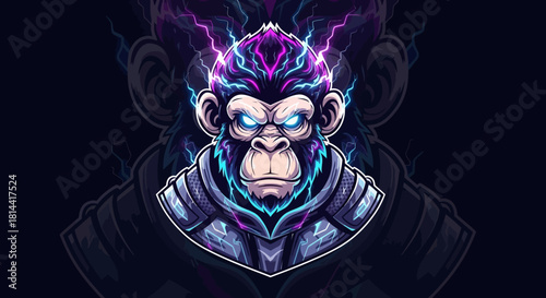 A futuristic cartoon gorilla head mascot with electric blue and purple neon lights on its face and armor against a dark background.
