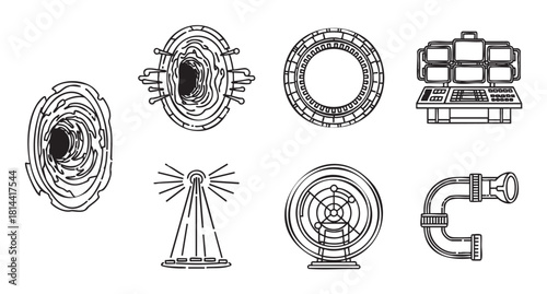 Collection of science fiction themed icons in a black and white line art style, featuring portals, a control console, radar, and other futuristic technological elements