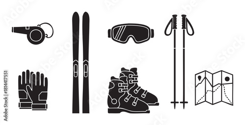 Collection of black silhouette icons representing essential ski equipment, including skis, boots, poles, goggles, gloves, a whistle, and a map