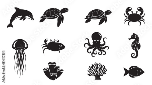 Graphic illustration set of various sea life creatures, including a dolphin, turtle, crab, octopus, and seahorse, depicted as simple black icons