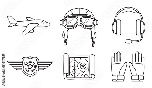Set of black and white line art icons representing aviation and pilot themes, including an airplane, helmet, headset, winged badge, map, and gloves
