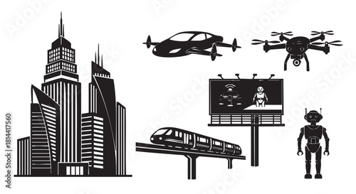 Collection of black silhouette icons representing futuristic smart city concepts, including skyscrapers, a robot, autonomous transport like a flying car, a drone, and a monorail