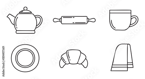 Set of minimalist black line art icons featuring kitchenware and breakfast items like a teapot, croissant, and rolling pin