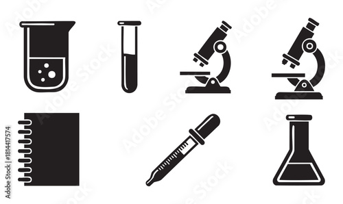 Collection of black silhouette icons representing scientific laboratory equipment including a microscope, beaker, test tube, and flask