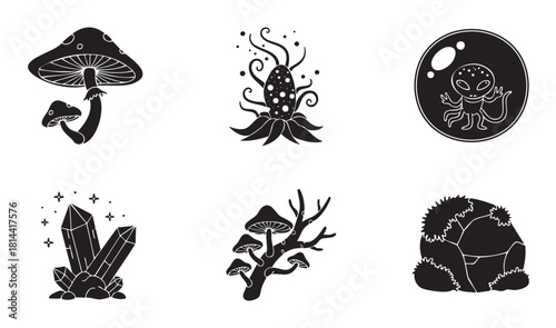 Collection of six black silhouette icons with a fantasy and sci-fi theme, featuring magical mushrooms, an alien in a sphere, sparkling crystals, and a tentacled creature