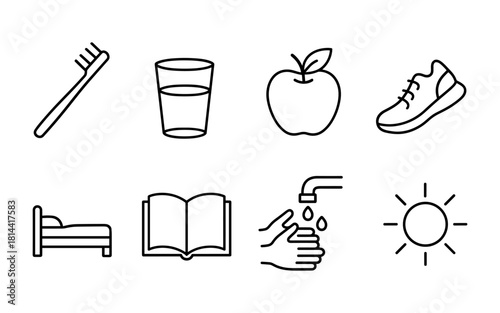 Daily healthy habits icons: linear symbols of wellness and routine