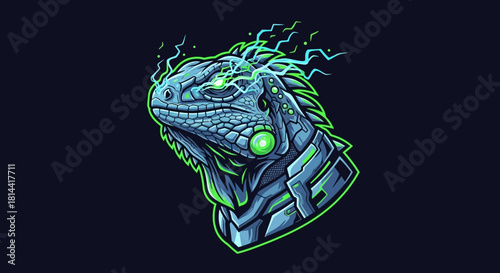 Digital illustration of a robotic lizard head mascot with neon green accents and glowing eyes against a dark background.