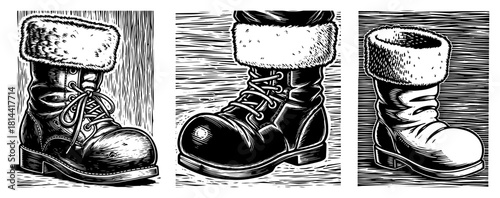 Set of three winter boots with fur trim Vector black and white woodcut style footwear illustration