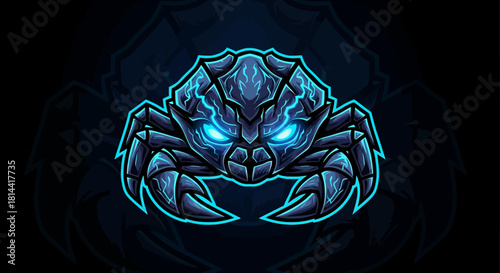A close-up shot of a menacing scorpion head mascot with glowing blue eyes and claws on a dark background with a neon outline, conveying a strong and intimidating mood.