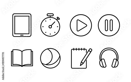 Essential media and learning icons set in modern linear style