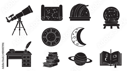 Collection of black silhouette icons representing astronomy, astrology, and esoteric knowledge, including a telescope, star chart, planet, and magic book