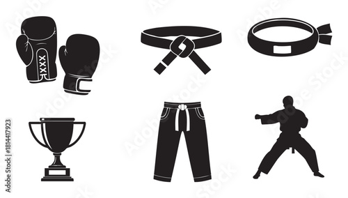 Set of six minimalist black silhouettes for martial arts and combat sports, featuring a karate fighter, boxing gloves, a tied belt, pants, a headband, and a winner's trophy