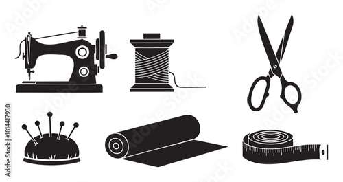 Collection of black graphic icons for sewing and dressmaking, featuring a vintage machine, thread spool, scissors, pincushion, fabric roll, and tape measure
