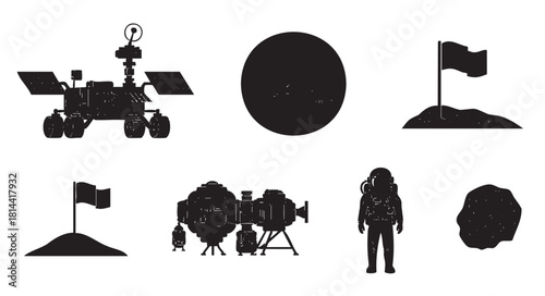 Collection of black grunge-textured silhouettes featuring a rover, astronaut, lander, and planet, representing space explorati
