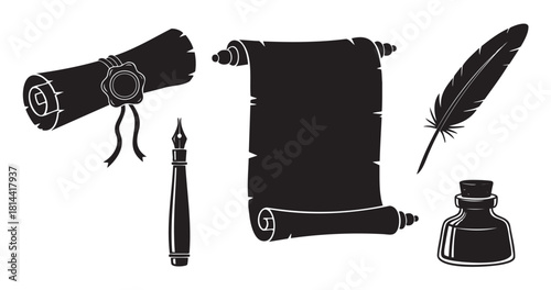 Collection of antique writing equipment including a parchment scroll with wax seal, a quill, a fountain pen, and an inkwell, presented as black silhouette vector icons