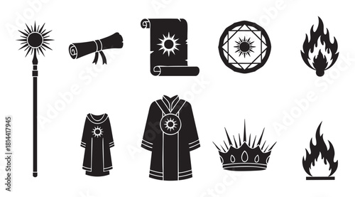 Set of fantasy priest or royalty vector icons featuring a sun symbol, with items like a magic staff, ancient scroll, royal crown, and sacred fire