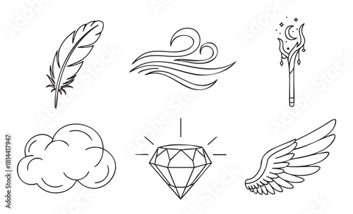 Set of six mystical and elemental symbols drawn in a clean outline style, including a feather, air currents, a celestial magic wand, a fluffy cloud, a sparkling diamond, and a wing