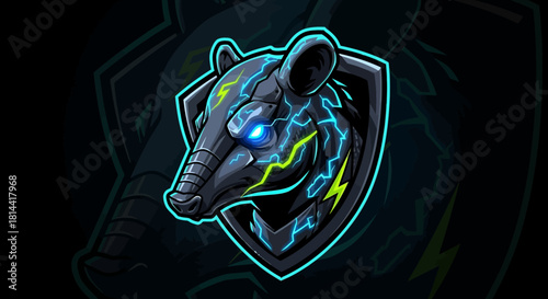 A futuristic head mascot with glowing blue eyes and neon accents on a dark background with a shield-like design.