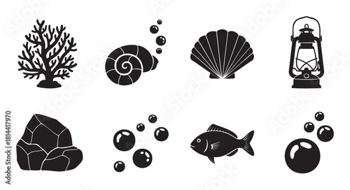 Minimalist graphic set of black nautical and marine icons, including coral, seashells, a fish, bubbles, a rock, and a vintage lantern