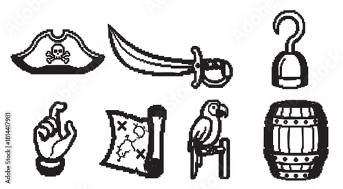 Collection of seven pirate adventure icons in a black and white 8-bit pixel art style, featuring a hat, sword, hook, hand, map, parrot, and wooden barrel