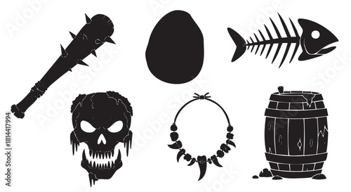 Collection of black silhouette icons for a fantasy or prehistoric theme, including a monster skull, spiked club, fish skeleton, tooth necklace, stone, and wooden barrel
