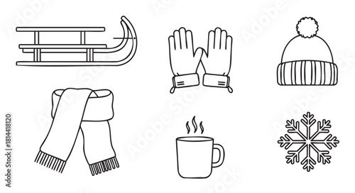 Simple graphic illustration set of winter essentials in a black outline style, featuring a sled, warm clothing, a steaming mug, and a snowflake symbol