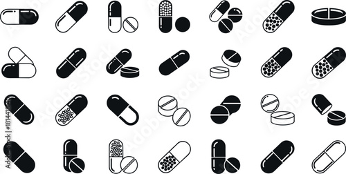 Large Collection of Medical Pill and Tablet Icons, Including Capsules and Medications, Pharmacy, Health, and Drug Treatment Vector Silhouettes.