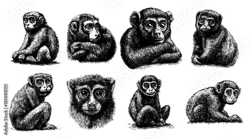 Set of sitting monkeys in different poses Vector black and white engraving style illustration of wild primates