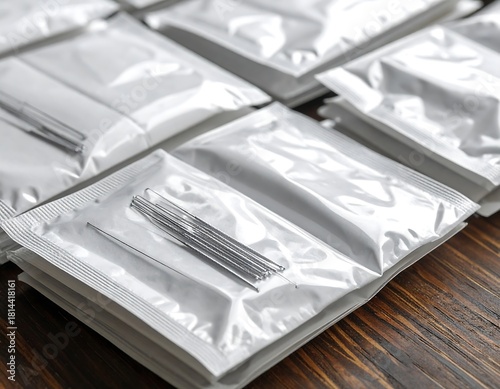 Close-up of sterile acupuncture needles in individual packaging on wooden table