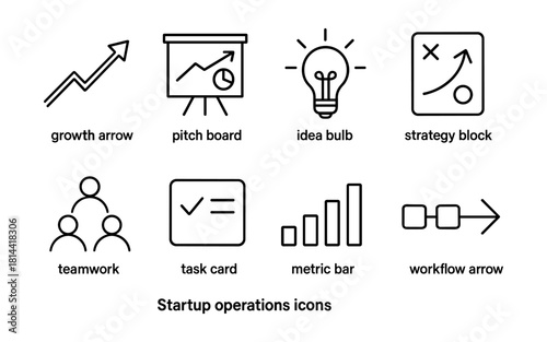 Startup operations icons: growth arrow, pitch board, idea bulb, strategy block in linear style