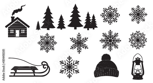 Set of rustic black and white winter icons featuring a cozy log cabin, pine trees, snowflakes, a sled, a warm hat, and a vintage lantern