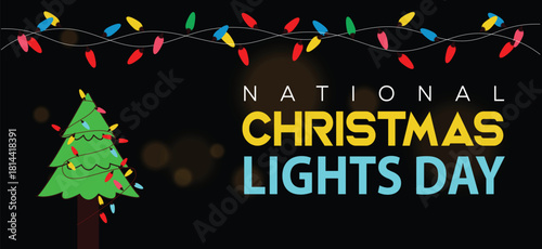Celebrate Christmas Lights Day on December 1  illustration of colorful glowing trees with decorations and bold text on black background