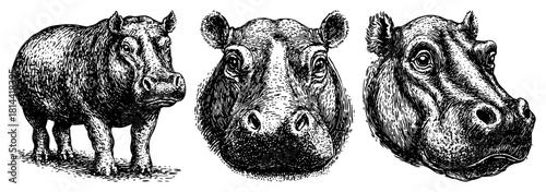 Hippopotamus animal heads and full body vintage engraving vector set