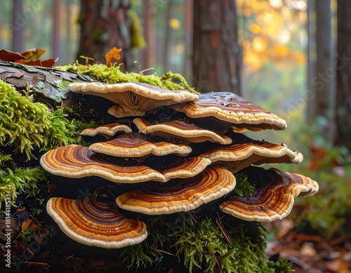 Close-up of Shelf Fungus Growing on a Mossy Log in a Lush Forest Setting