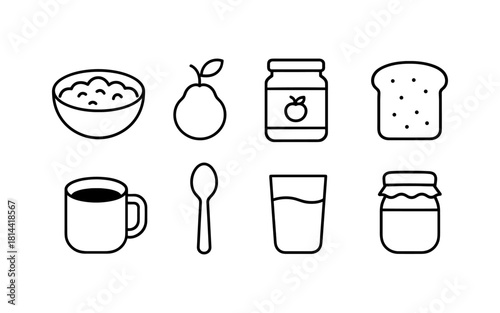 Minimalist breakfast icons: bowl, pear, jam jar, toast, coffee, spoon, glass