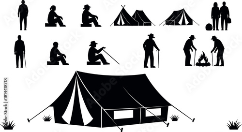 Outdoor Camping and People Silhouettes Vector Set, Featuring Tent, Campers, and Hikers by Campfire, Nature Adventure and Recreation Icons.