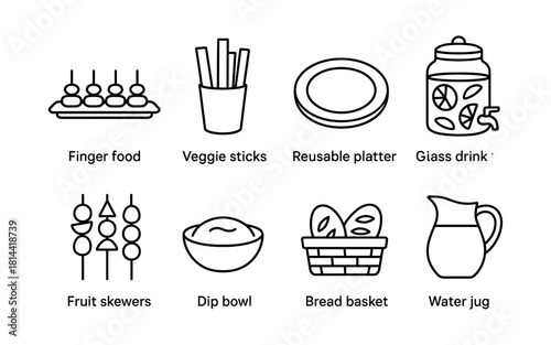 Minimalist line art of party snacks and serving items with labels