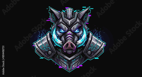 A futuristic, neon-lit head mascot of a boar with blue eyes and metallic armor on a black background with purple accents.