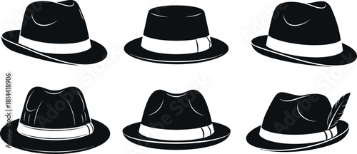 Set of Classic Fedora Hat Silhouettes, Featuring Various Styles and Shapes, Retro Fashion, Gangster, and Detective Headwear Vector Collection.