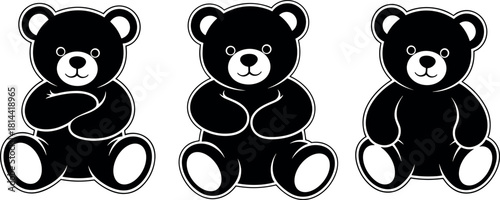 Set of Cute Sitting Teddy Bear Silhouettes with Outlines, Representing Toy, Childhood, and Love Symbols, Black and White Vector Illustration.