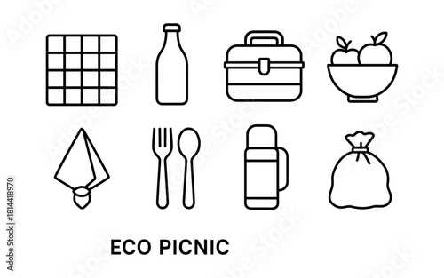 Minimalist picnic essentials outline featuring eco-friendly items