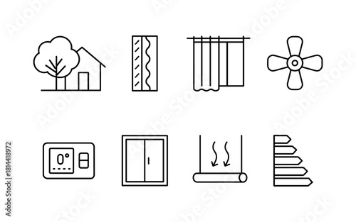 Minimalist home energy efficiency icons set: line art elements for sustainable living
