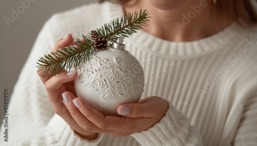 Holding a Decorative Ornament With a Pine Branch During the Holiday Season