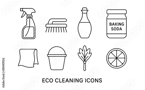 Minimalist eco cleaning icons featuring natural and eco-friendly products