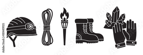 Set of black silhouette icons for caving or mining exploration, featuring a helmet, rope, torch, boots, and gloves with crystals