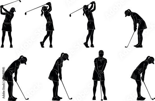 Set of Female Golfer Silhouettes in Various Poses, Illustrating Different Golf Swing Stages and Putting Action, Sport Activity Vector Collection.