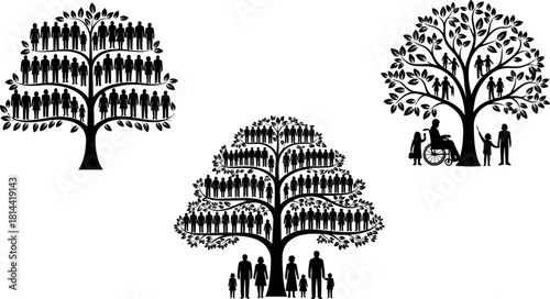 Set of Detailed Family Tree Silhouettes, Illustrating Genealogy, Ancestry, and Generations with People Icons, Symbolizing Heritage and Connection Vector.